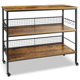 Rolling Kitchen Storage Trolley Island with Large Open Shelves and Large Countertop; 3 Tier Kitchen Bread Rack with 10 Hooks; Stable Steel Constr