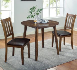 Cozy 3pc Dining Set Round Dining Table And 2x Side Chairs Walnut, Dark Brown Transitional Solid Wood Dining Room Furniture Leatherette Padded Seat
