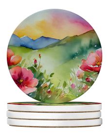 North Dakota Wild Prairie Roses in Watercolor Large Sandstone Coasters Pack of 4 Absorbent Round Coasters Decor Gifts for Men or Women, 4 in