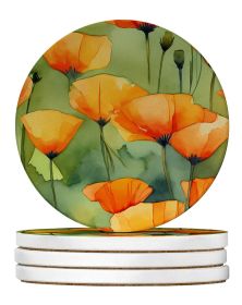 California California Poppies in Watercolor Large Sandstone Coasters Pack of 4 Absorbent Round Coasters Decor Gifts for Men or Women, 4 in, Multi