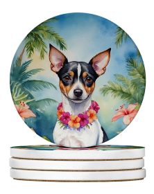 Rat Terrier Luau Large Sandstone Coasters Pack of 4 Absorbent Round Coasters Decor Gifts for Men or Women, 4 in, Multicolor
