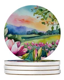 Louisiana Magnolias in Watercolor Large Sandstone Coasters Pack of 4 Absorbent Round Coasters Decor Gifts for Men or Women, 4 in, Multicolor
