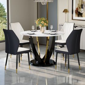 Table and chair set. A 42 Inch Diameter Round Tempered Glass Pandora marble patterned Dining Table - V-Shaped MDF Legs. Paired With 4 White and Dark