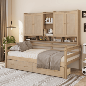 Twin Size Wooden Storage Daybed Frame with Bookcase Headboard and Two Under-bed Drawers for Bedroom Living Room, No Box Spring Needed, Natural (Option: Natural)
